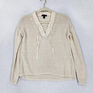 J Crew Sweater Womens XS Cream 100% Linen Lace Up V Neck Pullover Knit Top